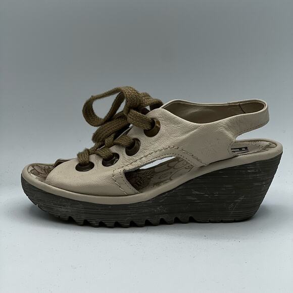Fly London Cream Yiva Lace Up Wedge Sandals Size 6 - Picture 1 of 11